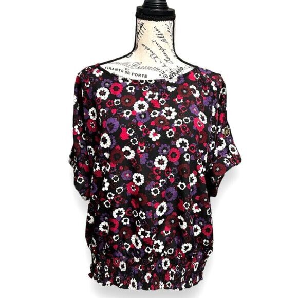 Michael Kors L Azalea Floral Black Blouse Roll Tab Sleeve Gold Button Retro Boho - Picture 1 of 11